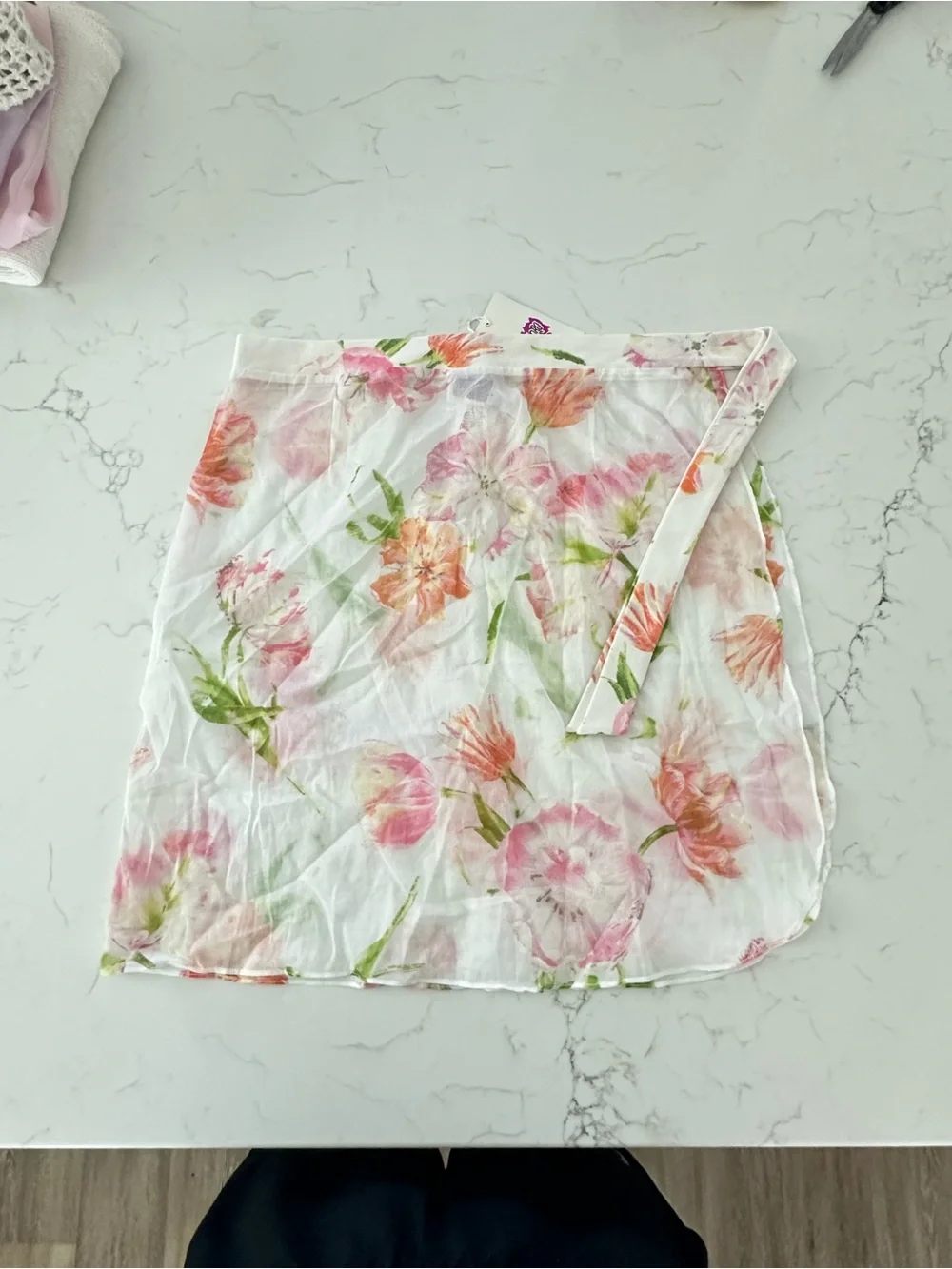 Leggiadro White Floral Tie-Wrap Mini Skirt with Pink & Green Accents